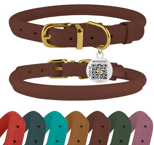 BRONZEDOG Hundehalsband aus gerolltem Leder mit QR-ID-Tag, verstellbar, weiche runde Halsbänder für kleine, mittelgroße und große Hunde, Welpen, Katzen (Cognacbraun, 40-48 cm)