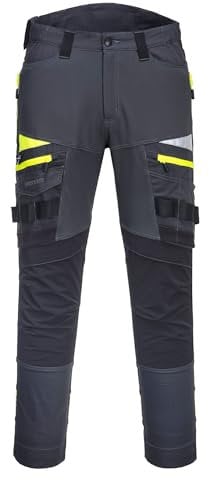 Portwest DX449 Mens Slim Fit Work Trousers - Durable Construction Work Hi Vis Cargo Trousers with Stretch Fabric and Knee Pad Pockets Metal Grey, 32