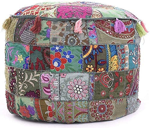 Sophia-Art Indische bestickte Patchwork-Abdeckung Indische dekorative Hocker Indische Bequeme Boden Baumwolle Kissen Osmanische Hocker, indische Designs Ethnische Patchwork Hocker (Grau, 18 x 13)