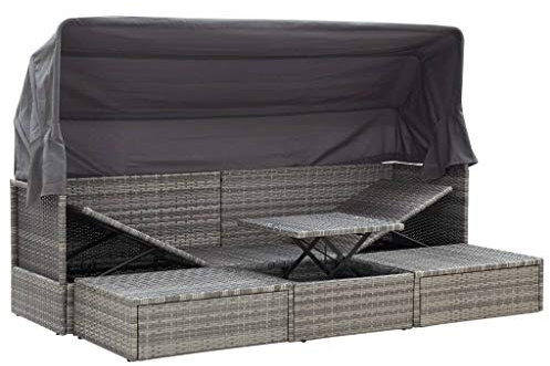 Sonneninsel Outdoor Rattan mit Dach Loungemöbel Terrasse Gartenlounge Sonnenliege Doppelliege Gartenliege Garten Lounge Set Loungebett Gartenmuschel Gartenmöbel, Grau