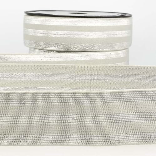 Gummiband 40 mm/Wäschegummi/Elastik Band mit Lurex Streifen - 3 Meter Länge, Grau-Ecru