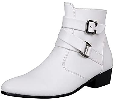 Mens Western Cowboy Biker stivali laterali cerniera scarpe con fibbia, bianco, 42 2/3 EU