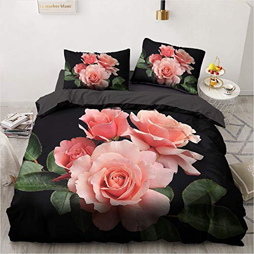 Luowei Bettwäsche Rosen 135x200cm 4 Teilig Rosa Blumenmuster Bettbezug Set für Doppelbett Weiche Microfaser Romantische Blüten Deckenbezug und 2 Kissenbezüge 80 x 80cm