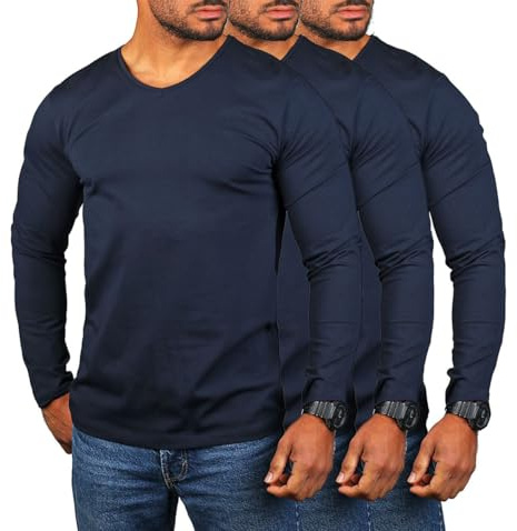 Young & Rich Herren Uni Longsleeve v-Neck Basic Tee Langarm Shirt einfarbig V-Ausschnitt Slimfit mit Stretchanteilen 2001, Grösse:M, Farbe:Dunkelblau - 3 Stück