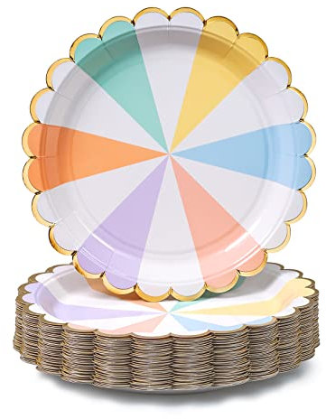 Confettiville Party Paper Plates, 50-Pack, Disposable Paper Plates, Gold Foil Scalloped Edge, Striped Pastel, 9-Inch