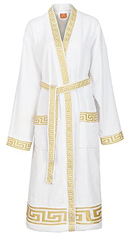 Belle Arti Bademantel aus Frottee 100% Baumwolle mit 2 großen Vordertaschen im exklusivem Mäander Medusa Design für Damen und Herren Schwarz Weiss Gold (as3, alpha, m, regular, regular, weiss)