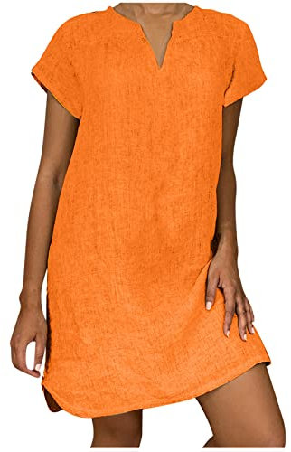 Susenstone Robe Ete Femme Cotton en Line Mi Longue Femmes T-Shirt Robe de Travail Chic et Elegant Couleur Unie Manche Courte Jupe Vêtements Femme Cotton en Line Chemise Maxi Robes De Soie Orange