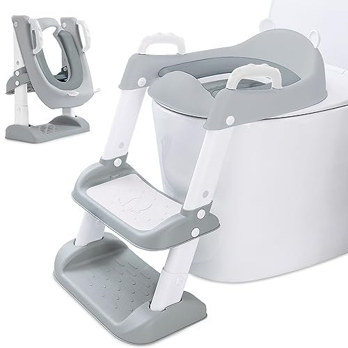 FAMKEEP Toilettensitz Kinder Kinder WC,Toilettenaufsatz Kinder, Toilettensitz Toilettentrainer mit Treppe,Verstellbar Toilettentrainer mit PU-Sitzkissen, Splash und Rutschfest, für Jungen und Mädchen