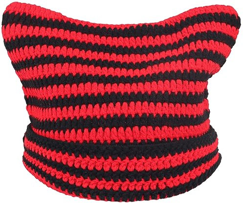 Malaxlx Rot Damen Häkelmütze Strickmütze Handgemacht Katzenohren Mütze Vintage Goth Slouchy Beanie Hut
