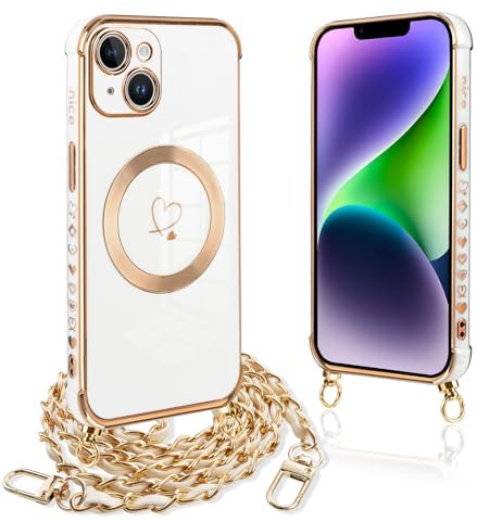 Pnakqil Coque Magnétique pour iPhone 14 Plus Con Cordon, Compatible avec MagSafe, Silicone Housse avec Motif Coeur d'amour Collier Lanyard, Antichoc Etui pour iPhone 14Plus 6.7 Pouces, Chaine-Blanc Or