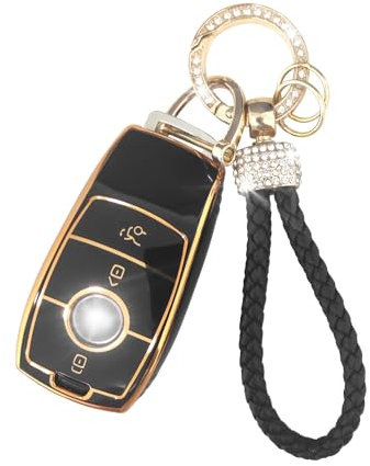 RCBDCYGJ Autoschlüssel Hülle Cover Passt für Mercedes Benz A B C E G S SL CLS-Klasse AMG GLK GLA 3 Tasten Schlüsseletui TPU Silikon Schlüsselhülle mit Lederanhänger Schlüsselanhänger
