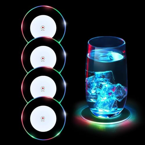 Dessous de Verre Lumineux Coloré, Dessous de Verre LED, sous-Verre Acrylique Lumin Boutons on/Off Coaster Rond sous Verres LED Impermeable pour Fêtes Mariages Bars Noël (Couleur 4)