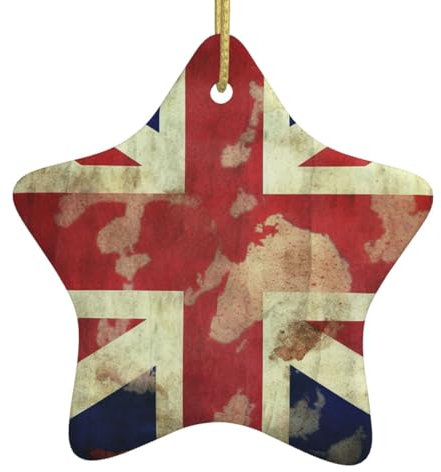 Vintage Union Jack British Flag Christmas Ornament Christmas Ceramic Hanging Ornaments with Gold Ribbon Star Shape Ornament Hanging for Christmas Tree Xmas Tree Decorations for Home Decor