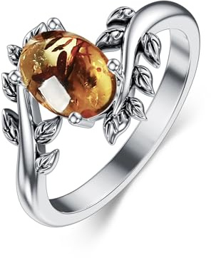 DOLIOX Genuine Amber Ring for Women Western Oval Gemstone Jewelry 925 Sterling Silver Leaf Bohemian Boho for Her Wife Mom Size 6