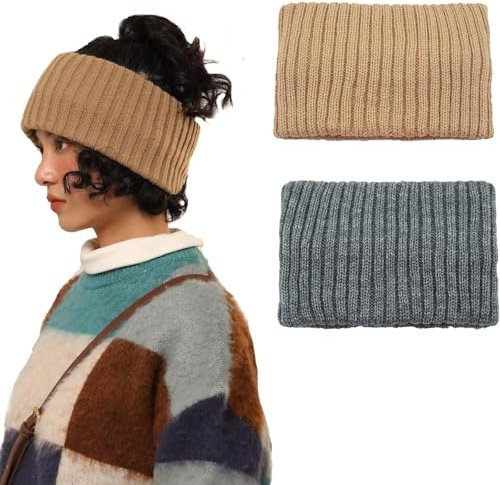 2 Stück Winter-Stirnbänder, weiche Damen-Strick-Stirnbänder, Ohrenwärmer-Stirnband, elastisches Häkelvlies, warmes Haarband, Turban, Halstuch