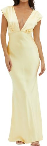 Halfisland Robe Longue d'été en Satin avec col en V et Mancherons Dos Nu - Élégante Robe midi torsadée pour invitées de Mariage, Jaune, Taille S