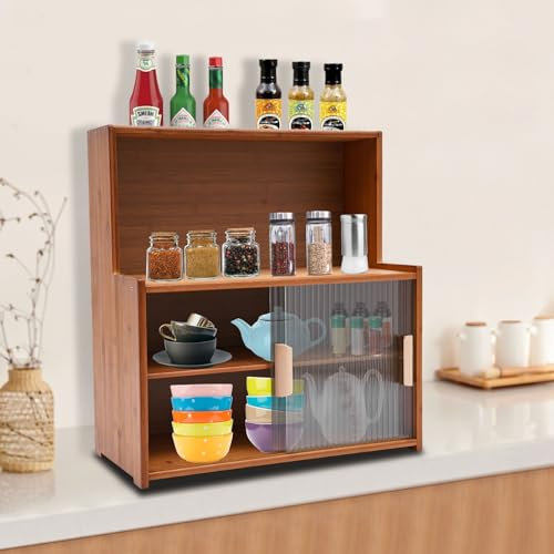 Piccola credenza in bambù per piano di lavoro, buffet, armadio da cucina con ante scorrevoli, ripiani regolabili per barattoli di spezie, utensili da cucina, tazze, oggetti di scena (marrone scuro)