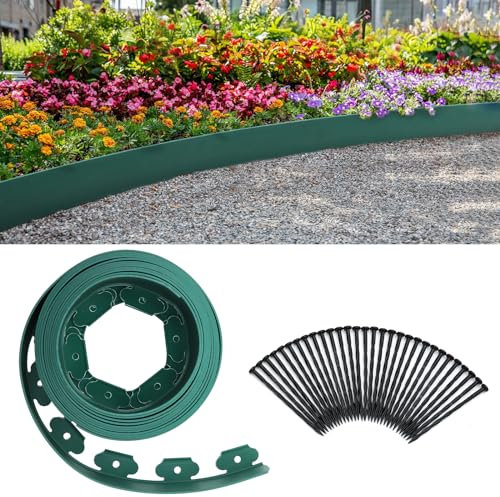 DKIEI Lawn Edging, 10m of Flexible Garden Edging Border with 30 Super Strong Securing Pegs Anchors, Landscape Grass Border for Lawns Paths Driveways Pavement All Gardening Ideas, 100mm High, Green