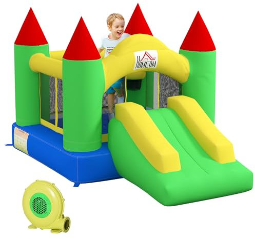HOMCOM Castillo hinchable con hinchador, castillo hinchable para niños, castillo de juegos con tobogán, cama elástica, red de seguridad, para niños de 3 a 10 años, Oxford, 300 x 180 x 160 cm