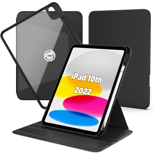 CACOE Funda Compatible con iPad 10ª Generación 2022 10,9 Pulgadas 2022,con Soporte para Pencil, Carcasa Soporte Rotación de 360 Grados Protectora Respaldo Clara, Negro