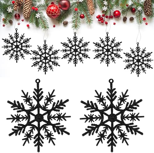 HERZONE 30pcs Weihnachtsschmuck Glitter Schneeflocken Weihnachtsbaum Anhänger 10cm Hängende Weihnachtsdeko für Weihnachtsdekoration (schwarz Schneeflocken type1)