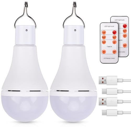 2 Stück LED Glühbirne aufladbar USB Rechargeable Light Bulb with 5 Light Modes,Fernbedienung Zeitgesteuert, mit Haken Tragbar USB Wiederaufladbar Glühbirne für Wandern Garten Outdoor Angeln Grillen