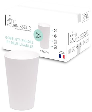 LPF LE PETIT FOURNISSEUR - Lot de 100 Gobelets réutilisables 25cl (33cl à ras-bord) - Polypropylène (PP) alimentaire rigide - Gobelets plastique durables - Compatible lave-vaisselle - Couleur Blanche