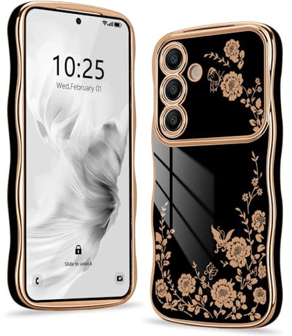 Wirvyuer for Samsung Galaxy S23 Case, Plating Curly Wave Frame Cute Girly Floral Flower for Women Girls Cover, Raised Full Camera Protection Phone Case for Samsung Galaxy S23, Black
