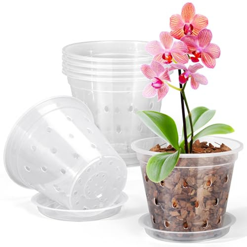 FUIJOL Orchideentopf, 6 Stück, 7,6 cm, 10,2 cm, 15,2 cm, 17,8 cm, transparente Orchideentöpfe mit Löchern und Untersetzern zum Umtopfen, atmungsaktive Kunststoff-Pflanzgefäße mit Schlitzen, für