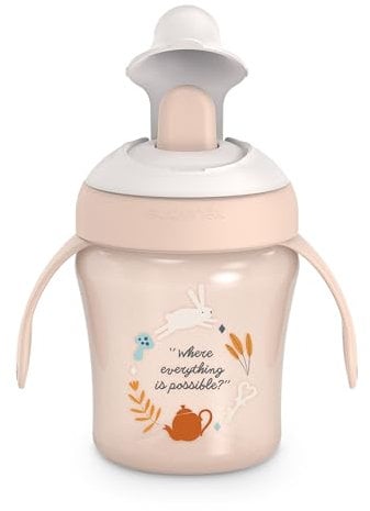 Suavinex, Vaso Aprendizaje Bebé con Boquilla Rígida Antidesgarro, Biberón con Asas, Tapa Protectora Abatible, Vaso Antiderrame, 200 ml, Bébés +6 Meses, Apto Lavavajillas, Rosa Wonderland
