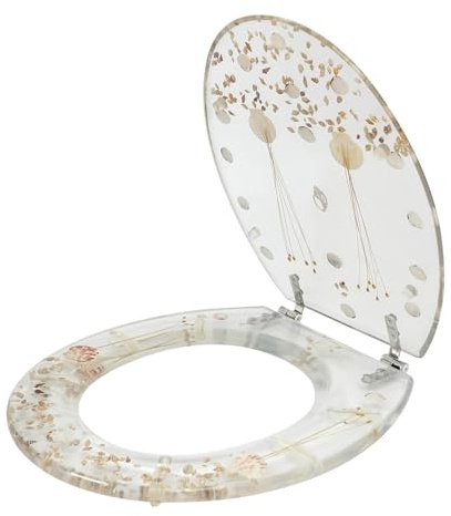 Resin Toilet Seat, Transparent Toilet Seat with Shells and Dried Flowers with Quiet Close Cover, Toilet Seat with Clear Seashells Cover, Easy to Install and Clean, Durable Resin