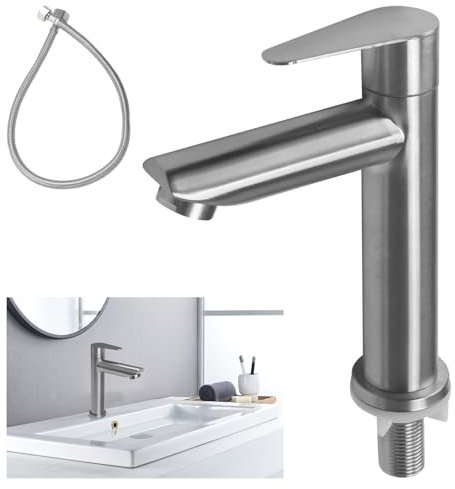 Minnhua Kaltwasserhahn Edelstahl, Kaltwasser Armaturen mit Schlauch, Einzelgriff Wasserhahn für Waschbecken, Waschtischarmatur Kaltwasser Wasserhahn Küche für Bad Gäste WC (Gerader Wasserauslass)