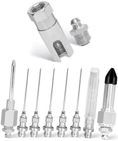 Whtawtaw 9 Pcs Grease Needle Nozzle Kit, Contain Slotted Grease Fitting Rubber Seal-Off Adapter Grease Needle Dispenser 18G Grease Needle Tips, Bearing Grease Injector Needle Accessory Tool Set