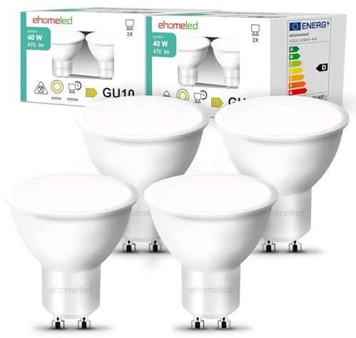 ehomeled GU10 LED Glühbirne Leuchtmittel Tageslichtweiß (4000K), 470 Lumen, ersetzt 50W Halogenlampe, energiesparend, 120° Flutlicht, ideal für Wohnzimmer, Küche & Flur, nicht dimmbar, 4er-Pack
