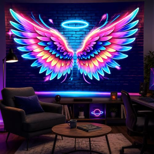BlissYard Schwarzlicht-Engelsflügel-Tapisserie, UV-reaktive Neonflügel, Wandbehang, Wandteppich, rosa Engelsflügel, Wandteppiche für Mädchen, Teenager, leuchtet im Dunkeln, Wandteppich für Party,