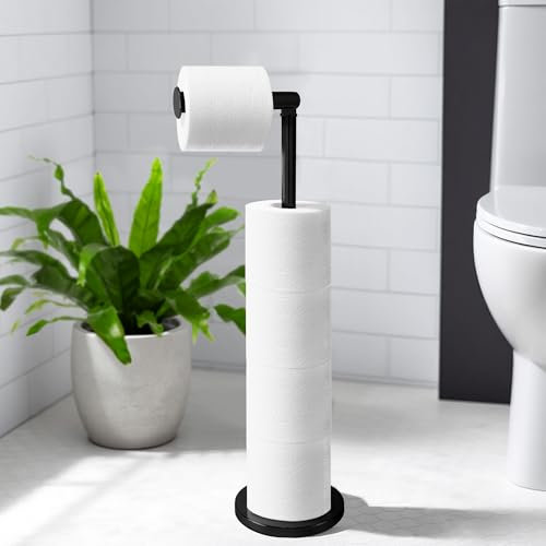 Suvistar Free-Standing Toilet Roll Holder – Space-Saving, Anti-Rust Stainless Steel Dispenser with Folding Design, Holds 5 Rolls for Convenient Bathroom Storage - Black