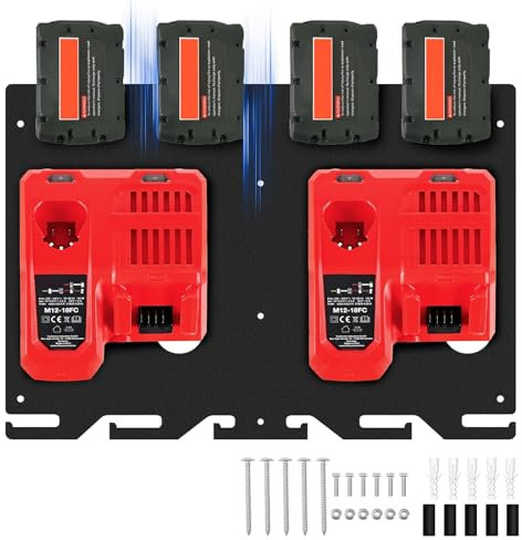 Gemsaya Wall Mount for Milwaukee Chargers, 3 in 1 Milwaukee Charger M12-18FC for 4 18V Batteries, Holder for 2 M12-18C Chargers & 2 M12-18FC Chargers & 1 M18 DFC Tool Organizer