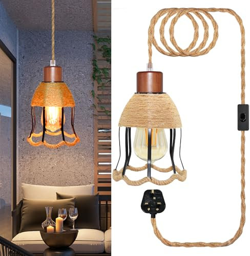 Hemp Rope Plug in Pendant Lighting Kit, 500 CM Cable, E26/E27 Lamp Holder with Switch, Include Black Flower Shaped Metal Lampshade, Plug in Ceiling Light, Vintage Hanging Rope Light Fitting, No Bulb