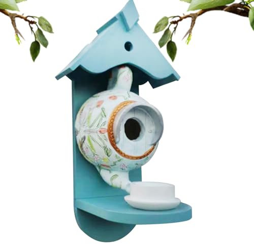 Vogelhaus in Teekanne Form - Vogelhaus aus farbigem Harz, Vogelhaus hängend | Dekoratives Vogelhaus für Garten, geeignet für Balkone, Terrassen, Baumhäuser