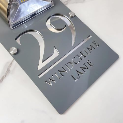 Personalized Solar Modern Door Plaque LED Light Up Outdoor Address Plaque Custom Solar-Powered Lighted Number Plate Sign House Decoration for Wall Sign (gray silver,15x29cm)
