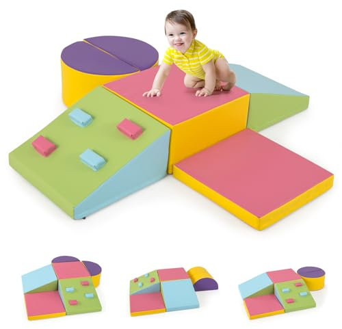 COSTWAY 6PCS Parcours Motricité Bébé en Mousse avec Housse en PU, Module Motricité Bébé avec Roches d’Escalade & Attaches à Crochets, Jouets Éducatifs pour Ramper Grimper, 12 Mois+ (Coloré)