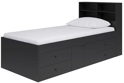 Single, Kids Teenager Cabin Storage Bed with Bookcase Headboard and 4 Drawers (Black)