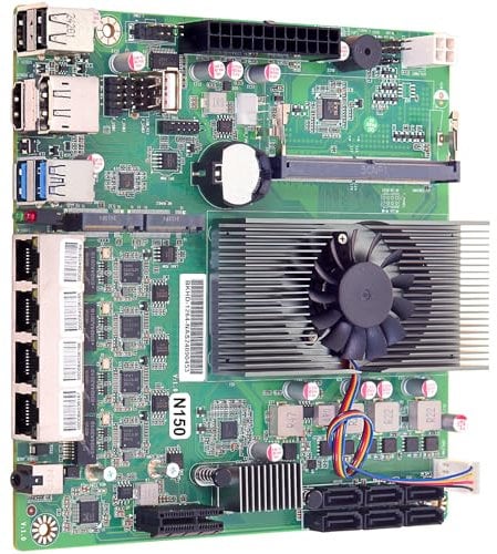 NAS Scheda Madre con N150 Processore(Aggiorna N100), Mini ITX NAS Motherboard, Mini ITX Scheda Per NAS Server DIY con Ventola CPU Nessuna RAM Nessun Storage