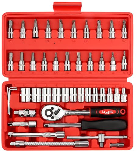 LLNEDL 46 Pieces 1/4 Drive Socket Set&Tool Sets, Ratchet Wrench Set with Bit Socket Set Metric and Extension Bar for DIY, Car Repair and Household with Storage Case(Red)