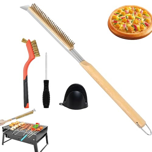 Pizzaofen Bürste mit Stahlschaber 56cm,Pizzastein Reinigungsbürste Kratzfeste,Messingborsten Grillbürste Set,Grillbürste Mit Holzgriff,Bürste Reinigung für Pizzaofen Gasgrill,Ofenbürst