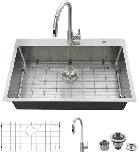 VASOYO Küchenspüle mit Wasserhahn, 83 x 55 cm, Edelstahl, Küchenspüle mit Wasserhahn, Kombi-Set, 25,4 cm tief, Einzelbecken mit Zubehör