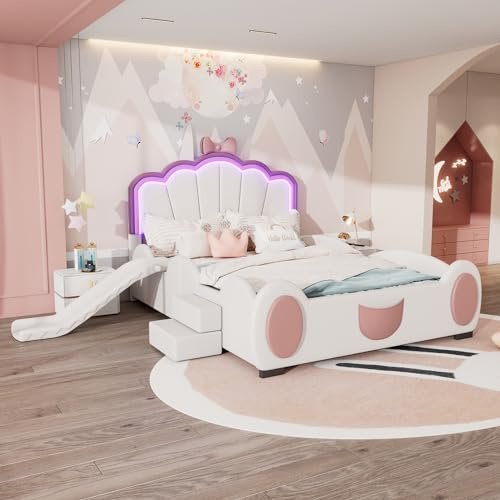 TOBIDOEN Kinderbett Polsterbett 140x200 cm Cartoon Bett, Crown Kopfteil mit Ambiente Design, Mädchenbetten mit Lattenrost, Rutsche & Treppe, für Kinderzimmer, Ohne Matratze, PU-Material, Rosa+Weiß