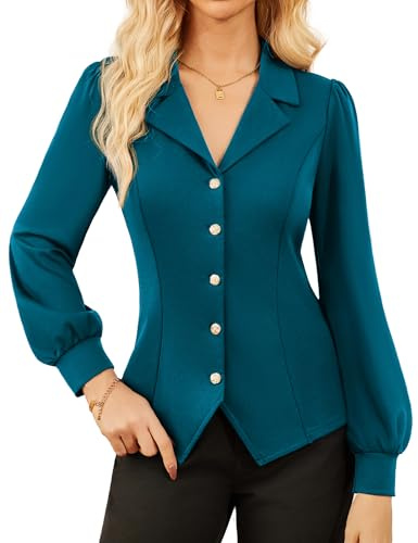 GRACE KARIN Long Sleeve Shirt for Women UK Button Down Work Office Shirts 2025 Autumn Fall Fancy Tops Peacock Blue XL