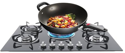 HUOMMGS Piano cottura a gas naturale a 5 fiamme, da incasso, in vetro temperato, 77 x 51 cm, piano cottura a gas con dispositivo di protezione automatica per casa e ristoranti