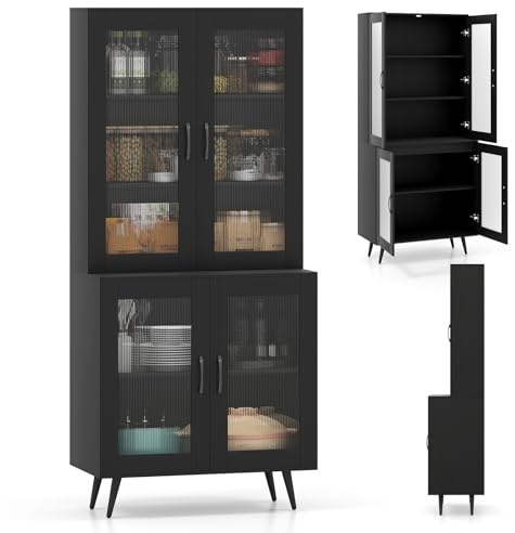 KOMFOTTEU Buffet Cuisine avec 4 Portes Transparent, Meuble Rangement à 5 Niveaux, Étagères réglables, Armoire de Salle à Manger, Garde Manger, Dispositif antipasculement, 80 x 40 x 179 cm (Noir)